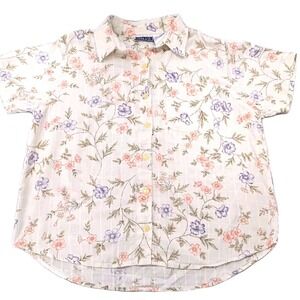 90s Vintage Erika & Co Linen Cotton Blend Cream Button-Up Embroidered Top Size L